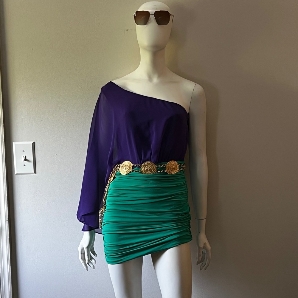 Vintage Y2K Bebe Purple Green Ruched One Shoulder Bodycon Mini Dress M Party